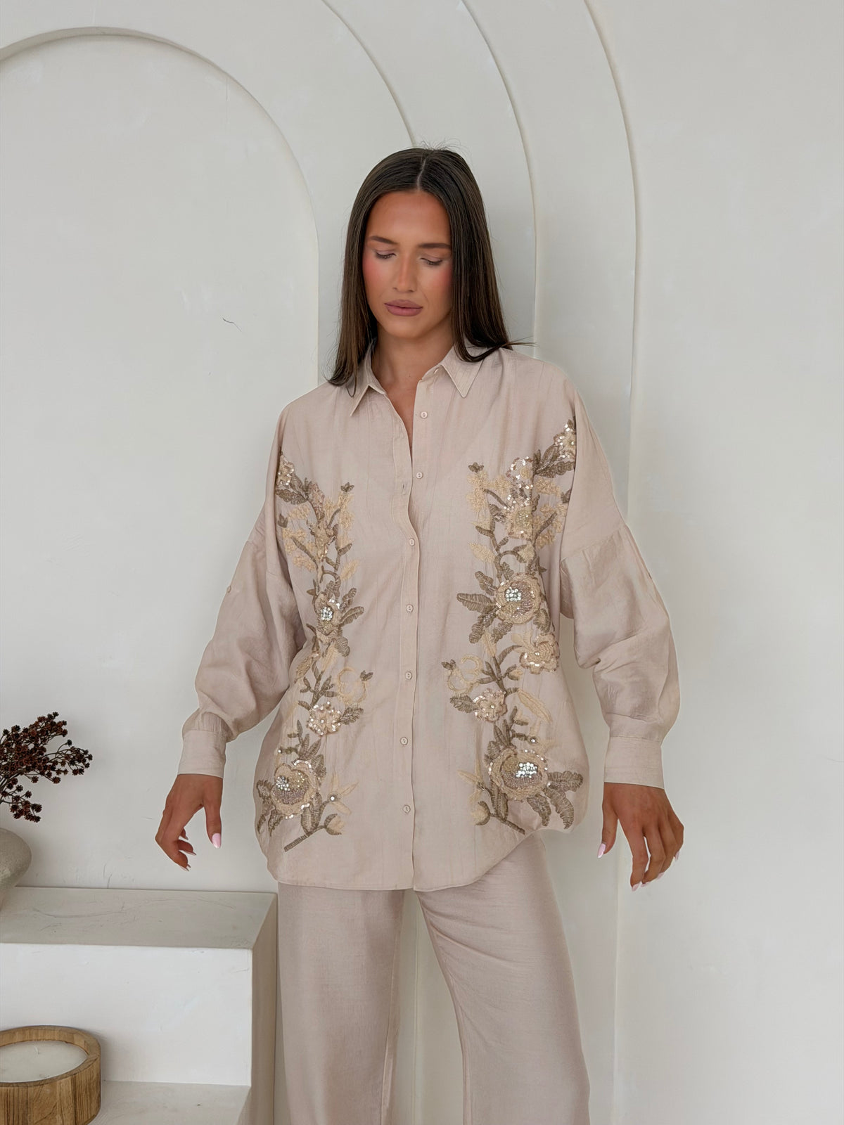 Gold Floral Embellished Shirt & Straight-Leg Trouser Co-Ord – Stone
