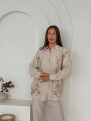 Gold Floral Embellished Shirt & Straight-Leg Trouser Co-Ord – Stone