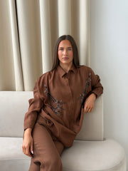 Beaded Embellished Shirt & Straight-Leg Trouser Co-Ord – Chocolate Brown