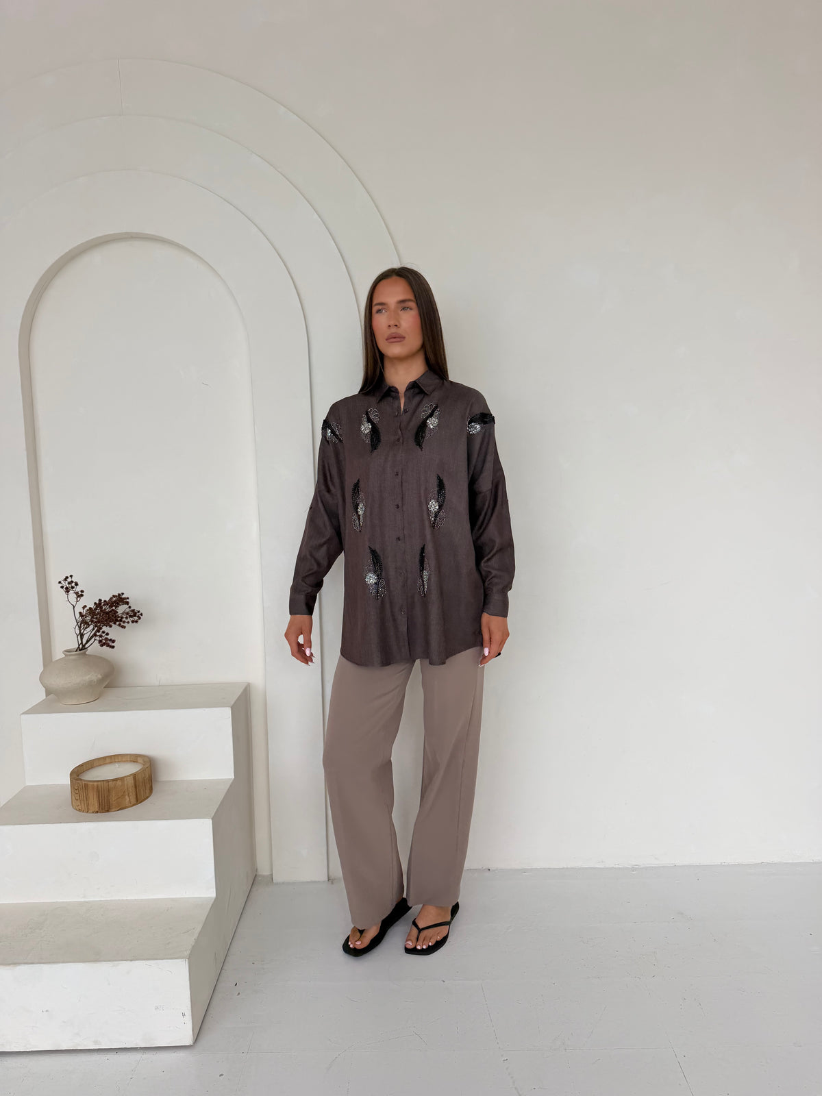 Mocha Embellished Feather Co-Ord Set – Oversized Shirt & Straight-Leg Trousers