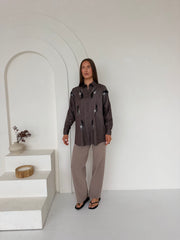 Mocha Embellished Feather Co-Ord Set – Oversized Shirt & Straight-Leg Trousers