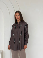 Mocha Embellished Feather Co-Ord Set – Oversized Shirt & Straight-Leg Trousers