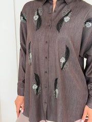 Mocha Embellished Feather Co-Ord Set – Oversized Shirt & Straight-Leg Trousers