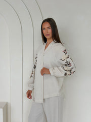 Blush Floral Embroidered Linen Shirt & Straight-Leg Trouser Co-Ord – Natural