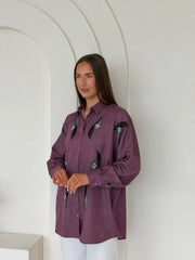 Embellished Feather Co-Ord Set – Oversized Plum Shirt & White Straight-Leg Trousers