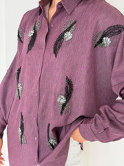 Embellished Feather Co-Ord Set – Oversized Plum Shirt & White Straight-Leg Trousers