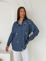 Embellished Feather Co-Ord Set – Oversized Denim Shirt & White Straight-Leg Trousers