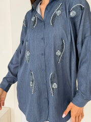 Embellished Feather Co-Ord Set – Oversized Denim Shirt & White Straight-Leg Trousers