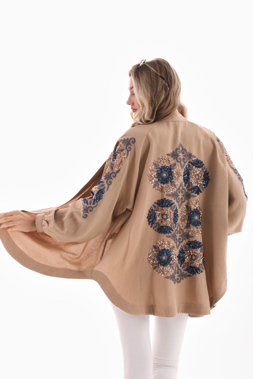 Tan Mosaic Embellished Kimono image 1